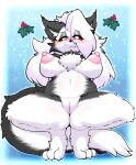 absurd_res anthro areola big_breasts blush breasts canid canid_demon canine collar demon female fur genitals hair hellhound helluva_boss hi_res looking_at_viewer loona_(helluva_boss) mammal milkteafox nipples nude piercing pussy red_sclera solo white_body white_fur