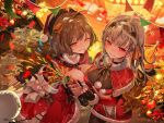  2girls absurdres ahoge anis_(nikke) black_gloves breasts brown_eyes brown_hair christmas christmas_tree cleavage dress fingerless_gloves from_above fur-trimmed_dress fur_trim gloves goddess_of_victory:_nikke grey_hair hair_ornament highres indoors large_breasts long_hair looking_at_viewer modernia_(nikke) multiple_girls one_eye_closed red_eyes santa_costume see-through see-through_cleavage short_hair smile zerocat 