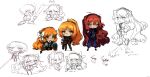  2boys 2girls arm_shield bow brown_hairband green_eyes hair_bow hairband harpoon heathcliff_(project_moon) high_ponytail holding_mace ishmael_(project_moon) limbus_company long_hair looking_at_viewer maipll_two multiple_boys multiple_girls multiple_views orange_hair outis_(project_moon) project_moon sinclair_(project_moon) solo_focus very_long_hair white_bow 