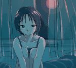  1girl black_hair collarbone curtains dithering hugging_own_legs indoors looking_at_viewer lowres moon narume night on_bed original parted_lips pixel_art short_hair sitting solo window 