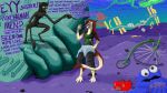 16:9 absurd_res anthro black_body black_fur breasts claws cookie_monster digital_drawing_(artwork) digital_media_(artwork) duo english_text female female/female fur fwughox_(artist) green_eyes hi_res humanoid long_arms lyka_(mrfanman42) mammal missy_(napalm_express) monocycle monster red_body red_fur satellite sergal statue_of_liberty tail text toolbox widescreen wolficus