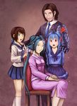  3girls alternate_costume aqua_hair blue_eyes blue_hair blue_ribbon braid brown_hair commentary crossover family family_portrait fubuki_(kantai_collection) fubuki_(victory_belles) fubuki_(zhan_jian_shao_nyu) green_eyes hair_ornament hair_ribbon hand_on_another's_shoulder highres james_buchanan_barnes jewelry kantai_collection kneehighs low_ponytail marvel melisaongmiqin multiple_girls namesake open_mouth prosthesis prosthetic_arm pun red_eyes red_ribbon ribbon ring sitting victory_belles wedding_band white_legwear zhan_jian_shao_nyu 