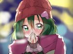  bangs beanie blowing_on_hands blush breath green_eyes green_hair hair_ornament hands_on_own_face hat heart heart_hair_ornament long_hair long_sleeves looking_at_viewer neginoki outdoors scarf serizawa_momoka solo tokyo_7th_sisters winter winter_clothes 