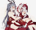  2girls animal_ears antlers black_choker blush bound bound_wrists braid choker commentary deer_antlers deer_ears earrings fu_hua fu_hua_(fenghuang_of_vicissitude) fu_hua_(herrscher_of_sentience) grey_hair hair_between_eyes haruka_(rsyaooooo) hat highres honkai_(series) honkai_impact_3rd jewelry long_hair long_sleeves looking_at_another multicolored_hair multiple_girls naked_ribbon open_mouth red_eyes red_hair red_ribbon ribbon santa_costume santa_hat selfcest sitting sitting_on_lap sitting_on_person symbol-only_commentary two-tone_hair white_hair yuri 
