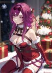  1girl alternate_costume bare_shoulders box breasts christmas christmas_tree cleavage commentary_request dress elbow_gloves fur-trimmed_gloves fur_choker fur_trim gift gift_box gloves helloimtea highres honkai:_star_rail honkai_(series) kafka_(honkai:_star_rail) large_breasts long_hair looking_at_viewer purple_eyes purple_hair red_dress red_gloves red_thighhighs santa_costume santa_dress seiza short_dress sitting smile solo strapless strapless_dress thighhighs thighs 