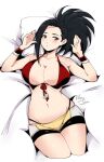  1girl alternate_costume bikini black_hair boku_no_hero_academia breasts commentary hair_pulled_back highres large_breasts long_hair looking_at_viewer navel ponytail red_bikini relaxjon shiny_skin short_shorts shorts simple_background solo swimsuit thick_thighs thighs yaoyorozu_momo 