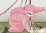 &gt;_&lt; 1girl bocchi_the_rock! cake christmas commentary_request crying cube_hair_ornament decorations food gotoh_hitori hair_ornament hat highres indoors jacket kyojin_no_hoshi long_hair on_floor open_mouth pants party_hat pink_hair pink_jacket pink_pants pink_track_suit que415 scene_reference sitting solo tatami wavy_mouth 