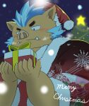 anthro blue_hair blush brown_body brown_fur christmas christmas_clothing christmas_headwear christmas_ornament christmas_present clothing eyebrows fur gift gouryou hair headgear headwear hi_res holidays lifewonders male mammal solo suid suina sus_(pig) thick_eyebrows tokyo_afterschool_summoners tusks usiaki5 wild_boar
