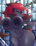 absurd_res against_surface anthro areola biped black_body breasts breasts_on_glass dialogue female fur generation_5_pokemon genitals hair hi_res nintendo nipples on_glass pokemon pokemon_(species) prophetpack pussy red_hair solo thick_thighs zoroark