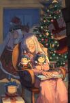  2boys 2girls armchair blonde_hair book box brown_hair byleth_(female)_(fire_emblem) byleth_(fire_emblem) byleth_(male)_(fire_emblem) chair character_doll christmas christmas_tree claude_von_riegan claude_von_riegan_(yuletide_schemer) clenched_teeth dimitri_alexandre_blaiddyd dimitri_alexandre_blaiddyd_(blessed_protector) edelgard_von_hresvelg edelgard_von_hresvelg_(snowfall_future) fake_antlers fake_horns finger_to_mouth fire_emblem fire_emblem:_three_houses fire_emblem_heroes fur_trim gift gift_box green_little grey_hair hat highres horns lysithea_von_ordelia multiple_boys multiple_girls nightgown official_alternate_costume santa_hat shushing sleeping teeth 