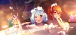  +_+ 2girls bath blue_eyes blue_hair blurry blurry_background blush breasts bubble_bath candle christmas_tree closed_mouth collarbone commentary_request foam garland_(decoration) hair_between_eyes hand_on_own_face hand_up hands_up heterochromia highres indoors large_breasts looking_at_another looking_up multiple_girls nnyara open_mouth red_eyes red_hair sekibanki short_hair sidelocks sitting smile sparkle star_(symbol) tatara_kogasa touhou window 
