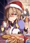  1girl absurdres bell blue_capelet blush brown_eyes brown_hair capelet christmas christmas_tree closed_mouth cup eating food fried_chicken hair_between_eyes hair_ornament hairclip hat highres holding holding_food indoors jacket kantai_collection long_hair long_sleeves looking_at_viewer low_twintails one_eye_closed pom_pom_(clothes) red_headwear santa_hat smile solo sudachineko tashkent_(kancolle) twintails white_jacket 