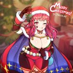  breasts choker christmas clothing_cutout facial_mark fire_emblem fire_emblem_engage fire_emblem_heroes hair_ornament hat highres holly_hair_ornament jarckius large_breasts one_eye_closed pink_choker santa_hat side_cutout star_(symbol) star_facial_mark star_hair_ornament two-tone_cape yunaka_(fire_emblem) yunaka_(fire_emblem)_(spirited_envoy) 