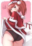  1girl absurdres annoyed atlanta_(kancolle) black_panties blush christmas clothes_lift dress earrings from_behind grey_eyes hat highres jewelry kantai_collection panties red_dress red_hair sack santa_costume santa_hat skirt skirt_lift solo tiemu_(man190) twintails underwear 