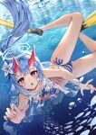  1girl absurdres alternate_costume bikini blue_archive blue_hair breasts chise_(blue_archive) chise_(swimsuit)_(blue_archive) flower hair_between_eyes hair_flower hair_ornament halo highres horns long_hair oni_horns shiriaru_(jjonaeng) solo swimsuit underwater 