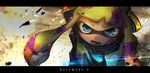  blonde_hair blue_eyes check_commentary commentary_request english explosion gloves headgear highres inkling kashu_(hizake) letterboxed long_hair looking_at_viewer open_mouth paint_splatter portrait solo splatoon_(series) splatoon_1 squidbeak_splatoon vest 