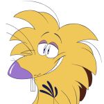 2023 8-bit-britt anthro beaver blonde_hair buckteeth digital_media_(artwork) fur hair half-length_portrait hand_on_chest hi_res looking_at_another male mammal narrowed_eyes nickelodeon norbert_beaver portrait purple_eyes purple_nose rodent simple_background smile solo teeth the_angry_beavers white_background yellow_body yellow_fur