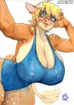 absurd_res anthro biped blonde_hair bovid bovine breasts cattle clothed clothing eyelashes female fur hair hi_res mammal multicolored_body murazaki pupils smile solo swimwear thick_thighs