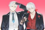  2boys bishounen blue_eyes brothers closed_mouth cumcmn dante_(devil_may_cry) devil_may_cry_(series) devil_may_cry_3 fingerless_gloves glasses gloves hair_slicked_back highres holding holding_removed_eyewear long_hair looking_at_viewer male_focus multiple_boys necktie pale_skin pink_background siblings simple_background smile suit unworn_eyewear vergil_(devil_may_cry) white_hair 