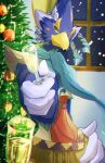anthro avian beak blue_body blue_feathers braided_hair breath_of_the_wild champagne_glass chikichikitaron christmas eyebrows feathers green_eyes hair hi_res holidays male nintendo revali rito scarf solo the_legend_of_zelda thick_eyebrows