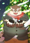 anthro blue_eyes blush canid canine canis domestic_dog eyebrows first_person_view fur grey_body grey_fur hi_res kamakitoron lifewonders looking_at_viewer male mammal moritaka overweight pawpads scar scarf snow solo thick_eyebrows tokyo_afterschool_summoners winter