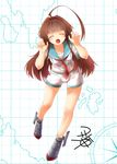  :d ^_^ ahoge bent_over brown_hair claw_pose closed_eyes collarbone compass_rose facing_viewer full_body kantai_collection kuma_(kantai_collection) long_hair map_background open_mouth school_uniform serafuku shorts signature smile solo thigh_gap yua_(checkmate) 