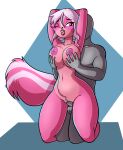 anthro breasts duo female fours_(artist) from_behind_position genitals hand_on_breast hands_behind_head hi_res human human_on_anthro humanoid interspecies lips looking_pleasured male male/female mammal mephitid nipples pink_body pink_eyes pussy sex skunk thick_lips vaginal