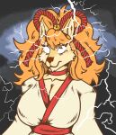 anthro big_breasts breasts bright_eyes canid canine ceroba_(undertale_yellow) clothed clothing female fox hair huge_breasts low_tier_god mammal orange_hair signirsol solo thunder