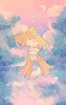  animal_focus artist_name closed_eyes colored_skin commentary_request crescent_moon facial_mark floating highres jirachi moon no_humans pokemon pokemon_(creature) remon_(920moomin) star_(symbol) tanzaku tree water white_skin 