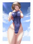  1girl ass_visible_through_thighs black_hair blue_one-piece_swimsuit blue_sky breasts cameltoe cloud commentary_request competition_swimsuit covered_navel from_below groin large_breasts looking_at_viewer mashinatsu one-piece_swimsuit original outdoors red_eyes short_hair sky solo swimsuit thigh_gap two-tone_swimsuit 