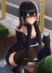  1girl absurdres amane_sora black_cat black_hair black_shirt black_thighhighs blush breasts cat closed_mouth collarbone colored_inner_hair day highres large_breasts long_hair long_sleeves mole mole_under_mouth multicolored_hair original outdoors red_eyes red_hair shirt single_bare_shoulder smile squatting thighhighs thighs 