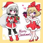  2girls ;d ama-tou bare_shoulders black_pantyhose black_ribbon blonde_hair boots box brown_background christmas commentary_request dress elly_(tonari_no_kyuuketsuki-san) fur-trimmed_gloves fur_trim gift gift_box gloves grey_hair hair_between_eyes hair_over_shoulder hair_ribbon hand_on_own_hip hand_up hat heart high_heels holding holding_gift holding_sack long_hair multiple_girls off-shoulder_dress off_shoulder one_eye_closed pantyhose purple_eyes red_dress red_footwear red_gloves red_headwear ribbon sack santa_costume santa_hat shoes smile sophie_twilight tonari_no_kyuuketsuki-san two-tone_background very_long_hair white_background 