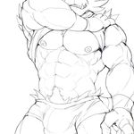  2016 abs anthro biceps biped black_and_white boxers_(clothing) bulge cheek_tuft chest_tuft clothed clothing clothing_lift feline half-length_portrait hand_on_shoulder incineroar male mammal monochrome muscular muscular_male nintendo nipples pecs pen_(artwork) pok&eacute;mon portrait raymond158 shirt shirt_lift shoulder_tuft simple_background solo standing teeth traditional_media_(artwork) tuft tusks underwear video_games white_background 