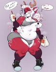 &lt;3 anthro antlers bedroom_eyes bite biting_lip bottomwear bulge casey_(chubstantial) chubby_anthro chubby_girly chubby_male clothing deer dialogue disembodied_hand english_text facial_piercing fast_food food footwear fur girly hair half-closed_eyes hi_res horn hotpants inviting long_hair love_handles male mammal markings mochi-squish moob_grab moob_grope moobs narrowed_eyes nose_piercing nose_ring piercing purple_background purple_body purple_fur red_body red_fur ring_piercing seductive shoes shorts simple_background slightly_chubby smile smirk smug smug_face smug_grin sneakers solo speech_bubble spots spotted_body spotted_fur spotted_markings text white_body white_fur white_hair white_spots