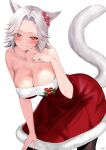  1girl absurdres animal_ears bare_shoulders black_pantyhose blush breasts cat_ears cat_girl cat_tail christmas cleavage closed_mouth collarbone commentary dress facial_mark final_fantasy final_fantasy_xiv finger_to_mouth flower fur-trimmed_dress fur_trim hair_flower hair_ornament highres large_breasts leaning_forward looking_at_viewer miqo&#039;te pantyhose parted_bangs red_dress red_eyes shhilee short_hair simple_background smile solo strapless strapless_dress tail warrior_of_light_(ff14) whisker_markings white_background white_hair 