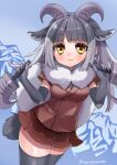  1girl absurdres animal_ears black_gloves black_hair black_thighhighs blue_sky blush brown_eyes brown_jacket eyelashes fur_scarf gloves hanenemu_yo_guru highres himalayan_tahr_(kemono_friends) horizontal_pupils horns jacket kemono_friends knife long_hair looking_at_viewer mountain multicolored_hair necktie parted_bangs sky smile tail thighhighs weapon white_hair 