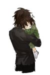  2boys black_jacket black_pants brown_hair carrying carrying_person child chinese_commentary closed_eyes commentary_request father_and_son harada_minoru highres isoi_haruki jacket kafei067 male_focus multiple_boys onesie pants polka_dot polka_dot_socks saibou_shinkyoku short_hair simple_background sketch socks sprout_on_head white_background white_socks 