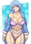  1girl alternate_costume ass_visible_through_thighs blue_eyes blue_hair blue_robe boku_no_hero_academia bra breasts closed_mouth fur-trimmed_robe fur_trim garter_straps hadou_nejire highleg highleg_panties large_breasts lingerie long_hair looking_at_viewer navel open_clothes open_robe panties purple_bra purple_panties purple_thighhighs redjet robe sleepwear snowflake_background solo star_(symbol) star_print thighhighs underwear web_address 