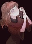  1girl artist_name black_background brown_robe closed_mouth doll fear_&amp;_hunger grey_eyes highres holding holding_doll liar_leth long_hair looking_at_viewer multiple_scars orange_hair robe scar simple_background solo the_girl_(fear_&amp;_hunger) upper_body 