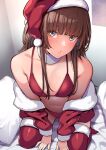  1girl amagami bed_sheet bikini blunt_bangs blush breasts brown_eyes brown_hair capelet collar commentary_request fur-trimmed_capelet fur-trimmed_headwear fur-trimmed_thighhighs fur_collar fur_trim hat highres kamizaki_risa kneeling long_hair long_sleeves looking_at_viewer multicolored_eyes navel parted_lips pillow red_bikini red_capelet red_headwear red_thighhighs santa_hat shouji_nigou small_breasts solo swimsuit thighhighs white_collar 