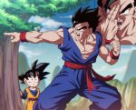  2boys black_eyes black_hair blue_jumpsuit blue_sky brothers cloud day dragon_ball dragon_ball_z jumpsuit multiple_boys muscular muscular_male orange_jumpsuit outdoors rom_(20) short_hair siblings sky son_gohan son_goten training tree 