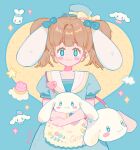  1girl :3 animal_ears apron back_cutout bead_bracelet beads blue_background blue_bow blue_dress blue_eyes blue_headwear blue_sleeves blush_stickers bow bracelet brown_bag brown_hair character_bag chinese_commentary cinnamoroll cinnamoroll_(cosplay) closed_mouth clothing_cutout cloud collared_dress colored_eyelashes commentary_request cookie cosplay cowboy_shot creature crossed_arms dog_ears dress floppy_ears floral_print food hair_bow hat hat_bow head_only highres holding holding_creature jewelry lace-trimmed_apron lace_trim long_hair looking_at_viewer mini_hat mini_top_hat original polka_dot polka_dot_background puffy_short_sleeves puffy_sleeves sailor_collar sanrio short_sleeves smile solo sparkle star_(symbol) straight-on top_hat twintails twitter_username two-tone_background waist_apron watch white_apron white_sailor_collar wristwatch yellow_background yellow_bow yellow_pupils yeshisi 
