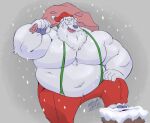 2023 anthro bear beard belly big_belly bottomwear christmas christmas_clothing christmas_headwear clothing facial_hair hat headgear headwear holidays male mammal megawaffle_(artist) musclegut navel outside overweight overweight_male pants polar_bear santa_claus santa_hat snow snowing solo suspenders ursine white_body