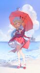  !? 2girls ^_^ absurdres ascot beach blonde_hair blue_sky bubble_skirt building chibi cirno closed_eyes cloud day facing_viewer fangs flandre_scarlet frilled_skirt frilled_sleeves frilled_socks frills full_body happy hat high_heels highres holding holding_umbrella horizon kneehighs mary_janes medium_hair mini_person minigirl mob_cap multiple_girls ocean one_side_up open_mouth outdoors parasol petticoat pointy_ears puffy_short_sleeves puffy_sleeves red_footwear red_skirt red_vest shirt shoes short_sleeves skirt skirt_set sky smile socks solo_focus standing touhou transparent_(randomhs) umbrella vest water white_headwear white_shirt white_skirt white_socks wrist_cuffs yellow_ascot 