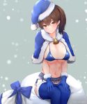  1girl alternate_costume bikini blue_bikini blue_gloves blue_headwear blue_thighhighs breasts brown_eyes brown_hair cleavage feet_out_of_frame fur-trimmed_gloves fur-trimmed_headwear fur-trimmed_thighhighs fur_trim garter_belt gloves hat kaga_(kancolle) kantai_collection large_breasts long_hair looking_at_viewer mani_oniniku sack santa_hat side-tie_bikini_bottom side_ponytail sitting snow solo swimsuit thighhighs 