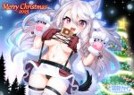  1girl :d animal_ears animal_hands artist_name azur_lane bandeau bell black_panties bow braid breasts capelet christmas christmas_tree commentary_request fang fur_capelet fur_trim gloves grey_hair groin hair_between_eyes hair_bow highres kei_fukamiki large_breasts long_hair merry_christmas navel neck_bell open_mouth panties pantyshot paw_gloves red_bandeau red_eyes short_eyebrows side_braid sidelocks skindentation skirt smile snow sparkle standing stomach suspenders tail thick_eyebrows thigh_strap thighhighs twitter_username underwear white_bow white_gloves white_skirt wolf_ears wolf_girl wolf_tail yuudachi_(azur_lane) yuudachi_(woofy_floofy_christmas_night)_(azur_lane) zettai_ryouiki 