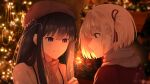  2girls absurdres artist_name beret black_hair blonde_hair blurry christmas_lights chxoswolf commentary depth_of_field fireworks glowing hair_between_eyes hat highres holding_fireworks inoue_takina light_smile long_hair lycoris_recoil merry_christmas multiple_girls nishikigi_chisato one_side_up profile purple_eyes red_eyes scarf short_hair sidelocks smile sparkler tsurime winter_clothes 