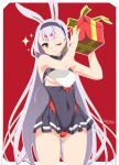  1girl absurdres animal_ears arms_up ass_visible_through_thighs azur_lane bikini bikini_bottom_only bikini_over_clothes breasts brown_eyes christmas covered_navel dress gift hairband highres long_hair one_eye_closed pleated_dress rabbit_ears rabbit_girl shimakaze_(azur_lane) short_dress small_breasts smile solo swimsuit thighs umyonge_(lkakeu) very_long_hair white_hair 