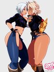  2girls :p angel_(kof) blazblue breasts bullet_(blazblue) dark_skin king_of_fighters large_breasts multiple_girls navel silver_hair simple_background wide_hips 