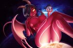 2023 absurd_res breasts cloud cosmic_background demon demon_humanoid earth female genitals glowing hair hi_res horn human humanoid intergalactic_macro low-angle_view macro mammal nipples nude planet pussy red_body red_skin redmn smile solo space starry_background sun tail wings
